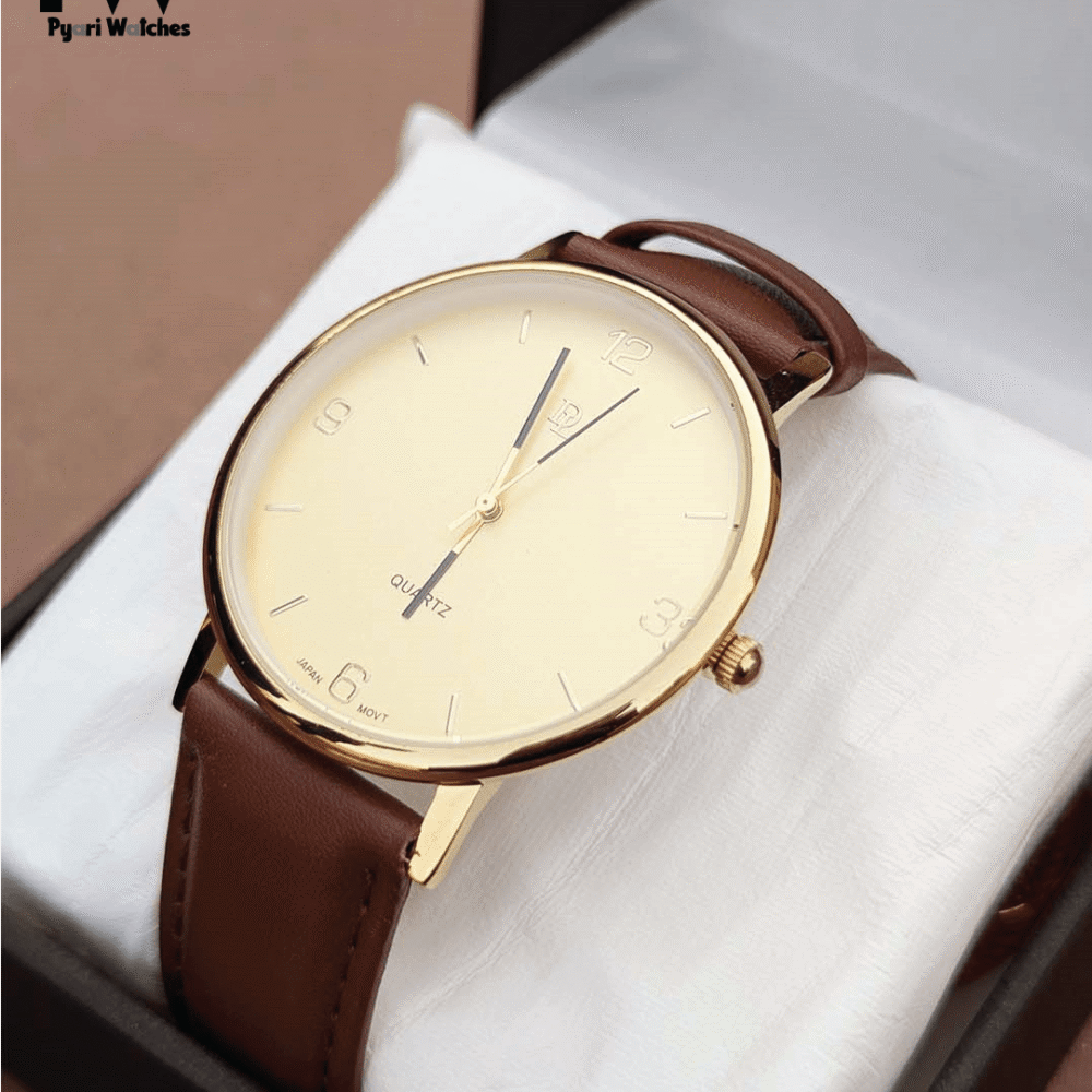 Brown Leather Men's Watch with Gold Dial