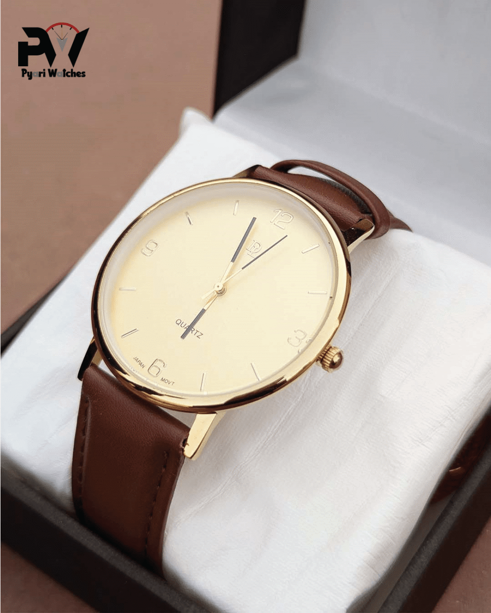 Brown Leather Men's Watch with Gold Dial