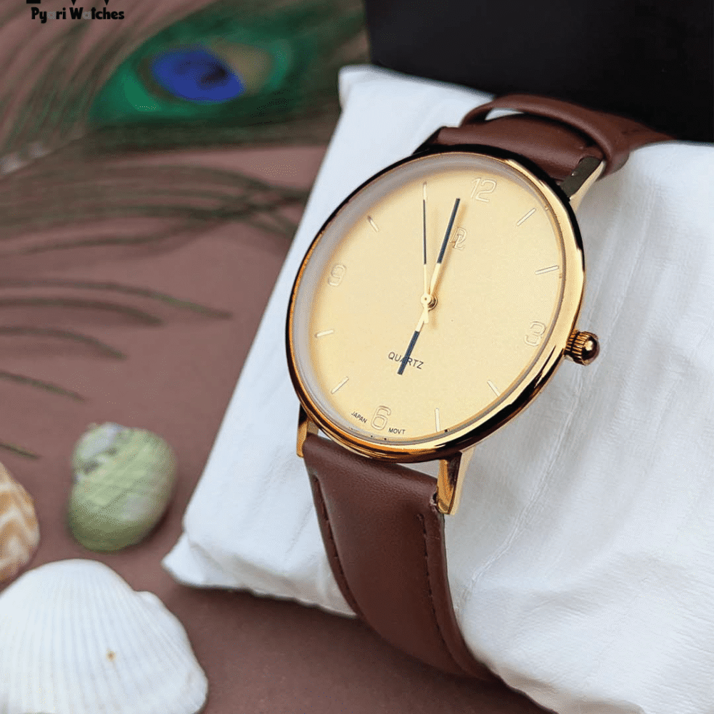 Brown Leather Men's Watch with Gold Dial