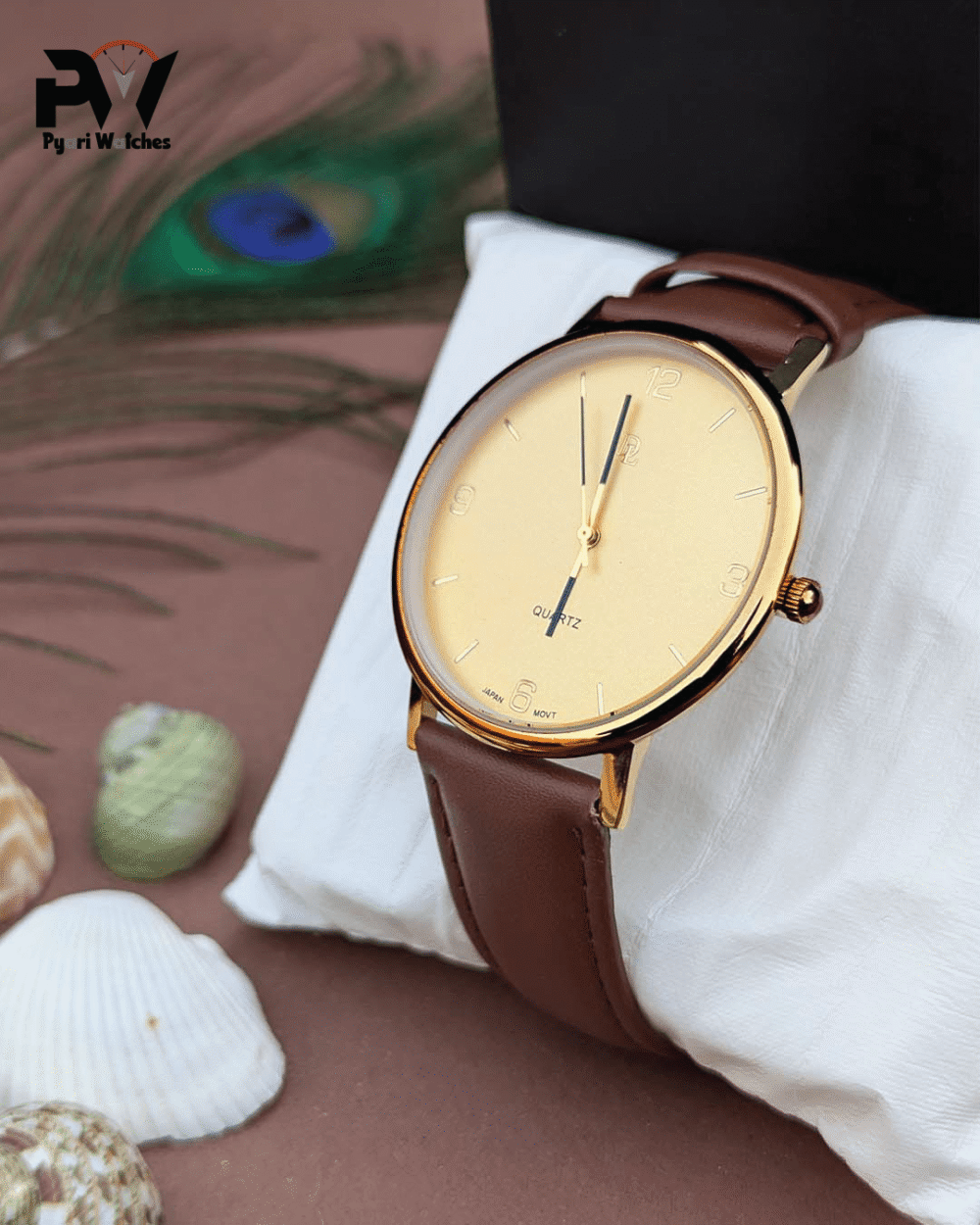 Brown Leather Men's Watch with Gold Dial